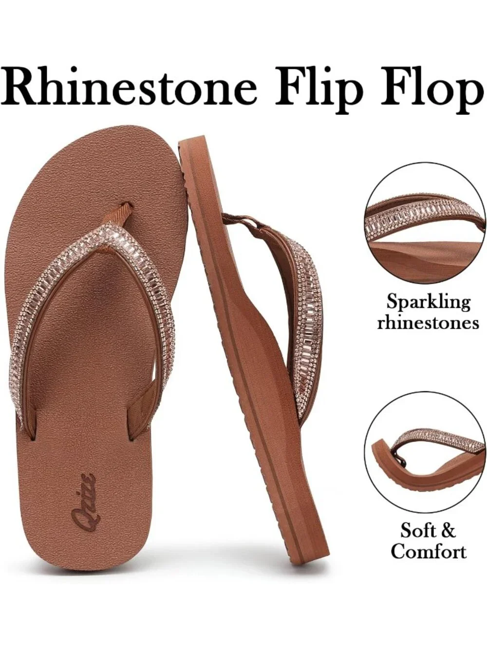 Women's Black Brown Summer Comfortable Flip Flops with Rhinestone Thong Sandals